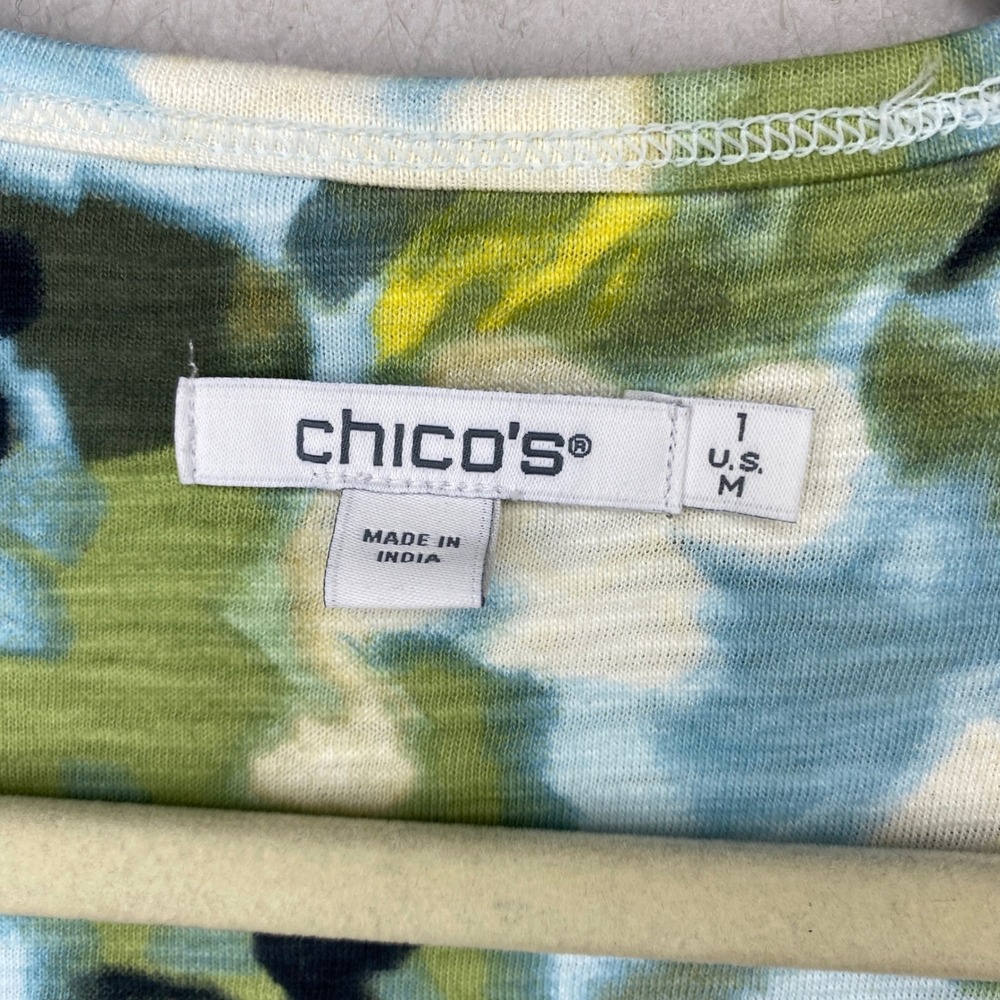 Chicos Womens Size 1 US M Blue Green Abstract Watercolor V-Neck Long Sleeve Top - Picture 3 of 8